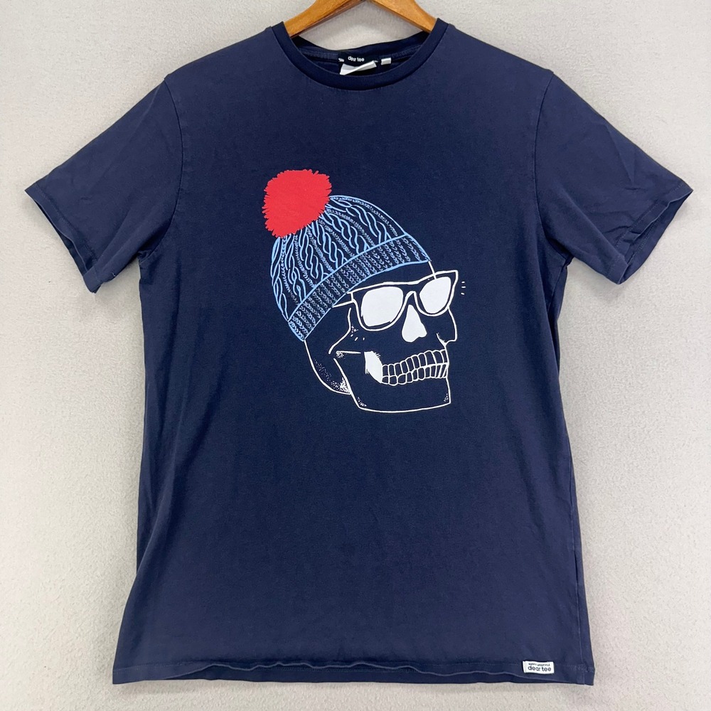 Dear Tee T-Shirt‎ Mens Small Dark Navy Skull Ski Cap Graphic Tee Happy Lifestyle
